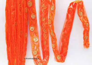 Wholesale Orange Net Lace Trim Floral Embroidery & Glitter Gold Sequins, Indian Wedding Border, Gifting Ribbon Costume Trim Fashion Trimming